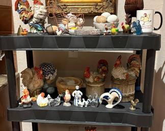 We have a whimsical collection of vintage and decorative rooster and chicken figurines, kitchenware, plates, mugs, and folk-art accents.