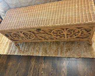 vintage woven wicker and rattan storage trunk featuring decorative fiddlehead scrollwork $200