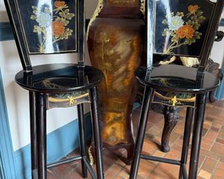 Exquisite Set of Asian Black Laquor Barstools