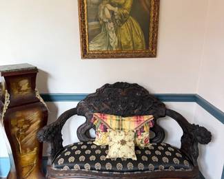Chinese Dragon Motiff Carved Wood Settee