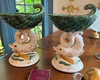 VINTAGE MAJOLICA Koi FISH Conch Shell Centerpiece Bowl set of 2