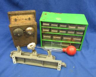 Lot 184. Garage goodies: hinges, organizer box, old telephone, and more