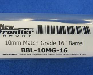 Lot 49. New Frontier Armory 10mm Match Grade 16 inches barrel for a pistol caliber carbine platform, new in the package. Part Number: BBL-10MG-16