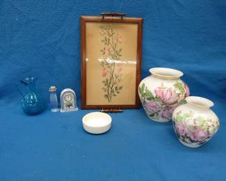 Lot 54. Two hand-painted vases, small blue pitcher, and more