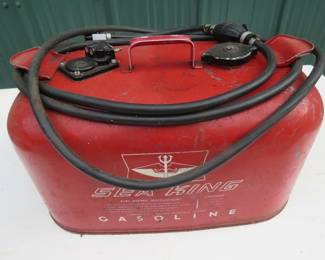 Lot 62. 6-gallon Sea King outboard motor gas can and hose