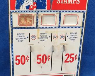 Lot 83. Working stamp machine with a porcelain front from the 1970s. Includes 22-cent stamps, feet, and keys