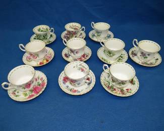 Lot 50. Royal Albert Flower of the Month series tea cup and saucers. 10 different months represented. Excellent condition.
