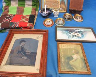 Lot 154. Heavy 44" x 76" handmade quilt, vintage wall art, and more