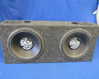 Lot 334. Dual 12 inches subwoofers in a box, ready to install. Two Blau speakers, the seller states it works