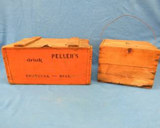 Lot 84. Two vintage wooden boxes. A Pellar's carbonated soda box from Owatonna and a repurposed Dupont blasting cap box.