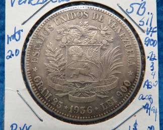 Lot 397. 1936 Venezuelan 5-bolívar coin. 90% silver. 25 grams.