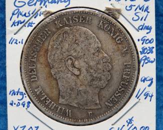 Lot 396. 1876 B Prussian 5-mark coin. 90% silver. 27.7 grams.