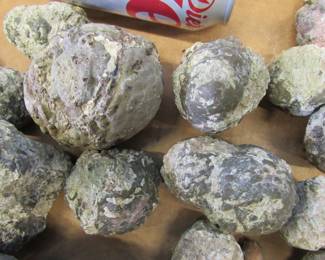 Lot 146. Geologic specimens likely rounded mineral nodules, geodes, or secretions plus a book. Please see Auctioneer's Notes at the start of this auction.