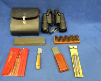 Lot 195. Binoculars, whet stone, and more