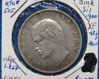 Lot 398. German Bavarian 1909 D 3-mark silver coin. 90% silver. 16.6 grams.