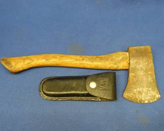 Lot 273. American Fork & Hoe Co military hatchet, marked U.S. 1945, and an unknown folding knife in a leather sheath