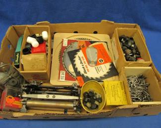 Lot 188. Leather splitting tool with a cast iron frame, circular saw blades, and more