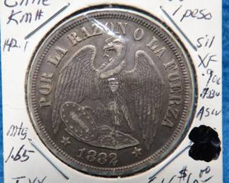 Lot 399. 1882 Chilean one-peso silver coin. 90% silver. 25 grams.