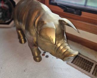 LARGE VINTAGE BRASS PIGGY BANK — PREVIOUSLY CUT OPEN