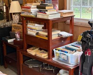 Coffee table, end tables, books, quilting books,