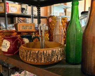 Green glassware, brown glassware, Vintage, Farmhouse, Rustic, Furniture, Chickens