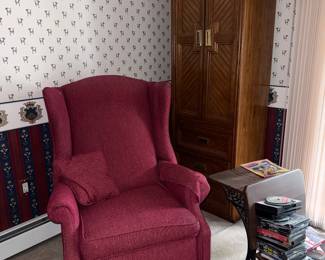 Midcentury cabinet (2 available) and pair of wingback chairs in red with antique schoolhouse desk