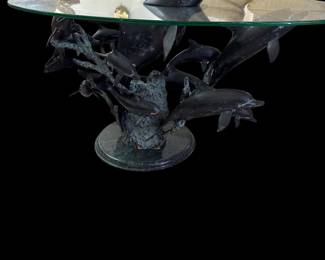 Bronze and tempered glass dolphin table