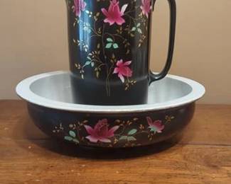 Vintage Hand Painted Black Jug and Wash Basin