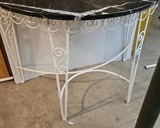 Vintage Demi-Lune Console Table with Black Marble and Black Metal Chair