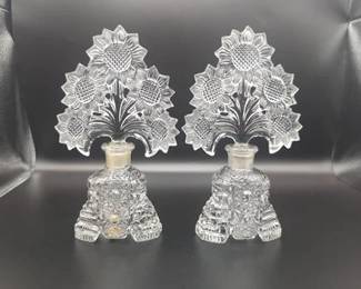 Two Vintage Clear Imperial Glass Perfume Bottles with Sunflower Stoppers