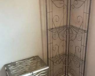 Metal Corner Bakers Rack and Metal Laundry or Storage Bin