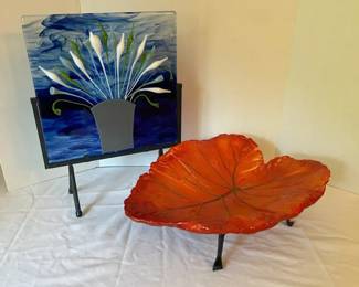 Glass Floral Art Plaque, Ceramic Leaf Centerpiece w Stand