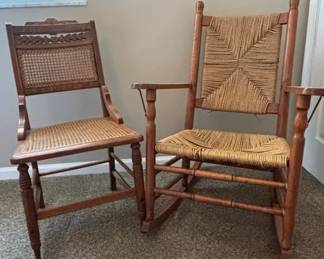 Wooden Rocker With Woven Back And Seat, Carved Wood Chair With Cane Back And Seat