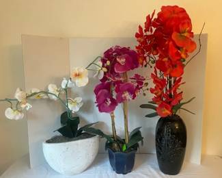 Three Decorative Vases w Faux Plants