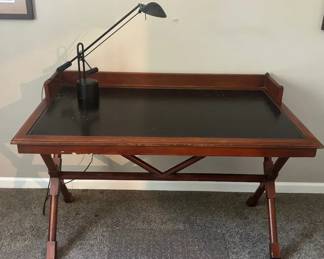 Wood Writing Desk with Faux Leather Top and Desk Lamp