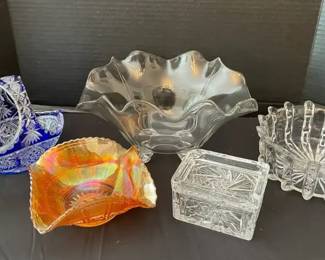 Vintage Decorative Glassware AshtrayCigarette Box, Carnival Glass Candy Dish, More