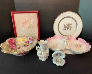 Vintage Hand Painted China Pieces, Hamenty Floral Painting, Rococo Figures