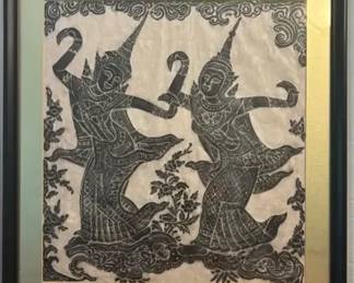 Thai Temple Rubbing on Rice Cloth Framed and Matted
