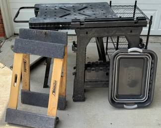 Dewalt Work Top, 2 Plastic Saw Horses, Black Wire Rack, 3 Furniture Movers