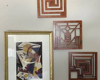3 Wood Frank Lloyd Wright Trivets Kadinsky Framed Matted Print