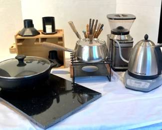 Fondue Pot, Cuisinart Coffee Grinder, Bonavita Tea Pot, Old Mountain PotLid, Granite Cutting Board