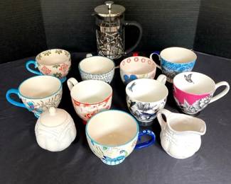 Dutch Wax By Coastline Imports Hand Painted Mugs, French Press, French Provincial CreamSugar