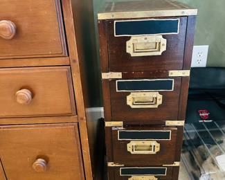Brass and wood apothecary campaign 4 drawer cabinet