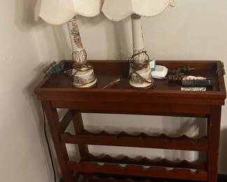 Wood wine rack with removable serving tray and lamps