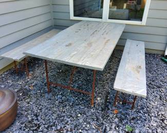 Rustic Wood Picnic Table with Two Benches  Iron Legs