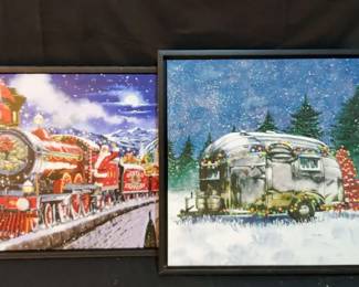 2 Kirklands LED Holiday Wall Art  Santa Express Train  Festive Camper Trailer