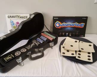 ThinkFun Gravity Maze, Outsmarted Games, Poker Set, Stoneware appetizer Plates and placemats