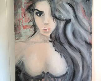 FTH449 Enigmatic Stylized Large Portrait Art - Original Painting Signed by Artist, 2017