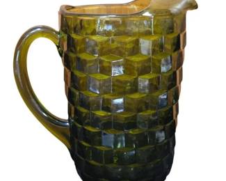 Vintage Indiana Glass Whitehall Avocado Green Cubist Block Pitcher