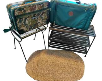 Metal Slatted Rack, Wrought Iron Stand, Luggage And Rug Bundle.